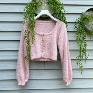 SOLD - pink  fuzzy sweater with roses